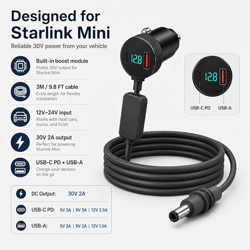 محول سيارة Starlink Mini، شاحن سيارة Starlink Mini 12V-24V إلى 30V 2A ثابت مع عرض الجهد الرقمي، PD 30W USB-C ومنافذ USB-A، كابل ولاعة سجائر 18AWG 10FT لشاحنة RV Van Boat | توفير حل إمداد طاقة ثابت للمركبة بقدرة 60 وات لـ Starl in Kuwait