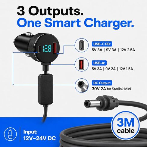 محول سيارة Starlink Mini، شاحن سيارة Starlink Mini 12V-24V إلى 30V 2A ثابت مع عرض الجهد الرقمي، PD 30W USB-C ومنافذ USB-A، كابل ولاعة سجائر 18AWG 10FT لشاحنة RV Van Boat | توفير حل إمداد طاقة ثابت للمركبة بقدرة 60 وات لـ Starl in Kuwait