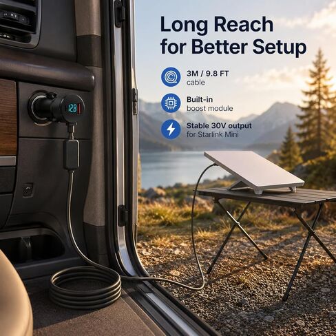 محول سيارة Starlink Mini، شاحن سيارة Starlink Mini 12V-24V إلى 30V 2A ثابت مع عرض الجهد الرقمي، PD 30W USB-C ومنافذ USB-A، كابل ولاعة سجائر 18AWG 10FT لشاحنة RV Van Boat | توفير حل إمداد طاقة ثابت للمركبة بقدرة 60 وات لـ Starl in Kuwait