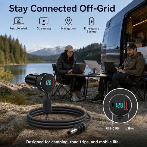 محول سيارة Starlink Mini، شاحن سيارة Starlink Mini 12V-24V إلى 30V 2A ثابت مع عرض الجهد الرقمي، PD 30W USB-C ومنافذ USB-A، كابل ولاعة سجائر 18AWG 10FT لشاحنة RV Van Boat | توفير حل إمداد طاقة ثابت للمركبة بقدرة 60 وات لـ Starl in Kuwait