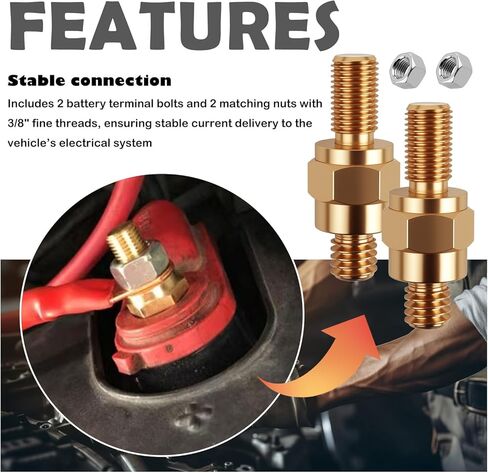 2 Set Side Post Battery Terminal Extender Bolts with Nuts,3/8"-24 Fine & 3/8"-16 Coarse Teeth Side Post to Top Posts Battery Adapter,Multi-Purpose Batteries Sides Posts Adapter in Kuwait