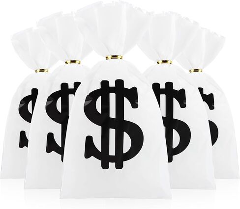 Mikzhskr 30 Pcs Money Treat Bags with Dollar Sign, Gold Twist Ties, Prop Bank Pouch Cellophane Candy Bag for Pirate Cowboy Cosplay Theme Party Supplies (9 x 5.5 Inch) in Saudi Arabia