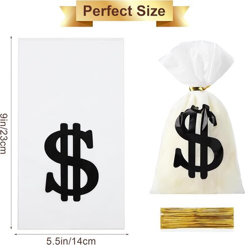 Mikzhskr 30 Pcs Money Treat Bags with Dollar Sign, Gold Twist Ties, Prop Bank Pouch Cellophane Candy Bag for Pirate Cowboy Cosplay Theme Party Supplies (9 x 5.5 Inch) in Saudi Arabia