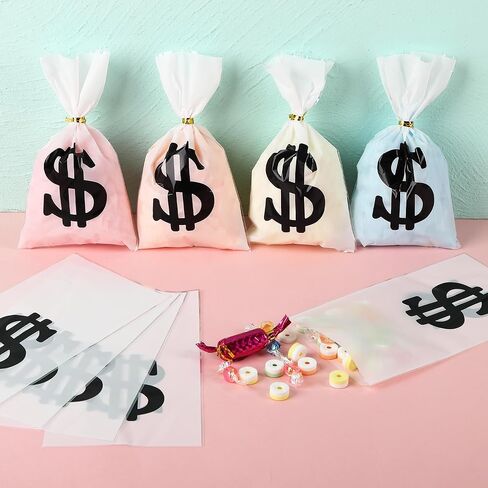 Mikzhskr 30 Pcs Money Treat Bags with Dollar Sign, Gold Twist Ties, Prop Bank Pouch Cellophane Candy Bag for Pirate Cowboy Cosplay Theme Party Supplies (9 x 5.5 Inch) in Saudi Arabia