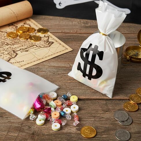 Mikzhskr 30 Pcs Money Treat Bags with Dollar Sign, Gold Twist Ties, Prop Bank Pouch Cellophane Candy Bag for Pirate Cowboy Cosplay Theme Party Supplies (9 x 5.5 Inch) in Saudi Arabia
