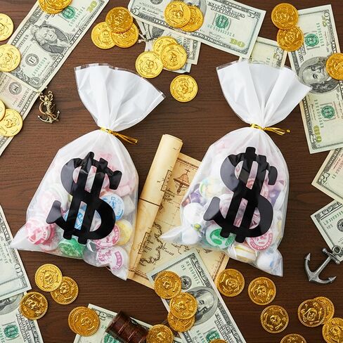 Mikzhskr 30 Pcs Money Treat Bags with Dollar Sign, Gold Twist Ties, Prop Bank Pouch Cellophane Candy Bag for Pirate Cowboy Cosplay Theme Party Supplies (9 x 5.5 Inch) in Saudi Arabia