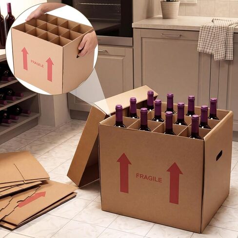 Tatuo 5 Pack Wine Bottle Moving Box with Lid 14 x 12 x 13 Inch Corrugated 12 Bottle Moving and Storage Box with Reinforced Cardboard and Handles for Wine, Champagne or Glass Bottles in Saudi Arabia