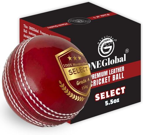 كرة الكريكيت الجلدية من ONEGlobal Select | مصنوع يدويًا 100%، 156 جم - 5.5 أونصة، هيكل مكون من 4 قطع | مثالية لـ T20 وNet Practice والتدريب وما إلى ذلك. in Kuwait