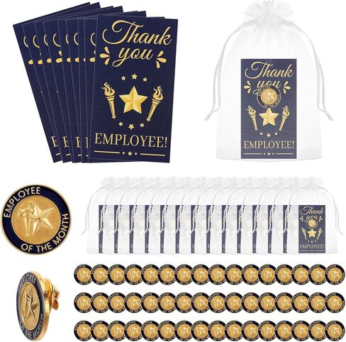 50 Sets Employee of The Month Gifts Employee Appreciation Gifts Bulk Recognition Package, Contains Star Lapel Pins, Thank You Cards and Organza Bags for Staff Team Member Recognition in Saudi Arabia