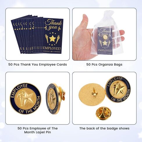 50 Sets Employee of The Month Gifts Employee Appreciation Gifts Bulk Recognition Package, Contains Star Lapel Pins, Thank You Cards and Organza Bags for Staff Team Member Recognition in Saudi Arabia