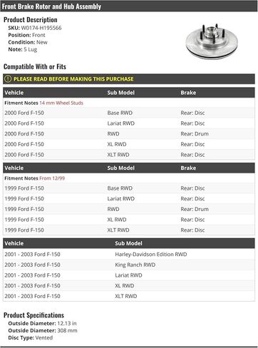 قطع غيار السيارات من Marketplace مجموعة دوار الفرامل الأمامية والمحور - 308 مم - متوافقة مع 1999-2003 Ford F150 RWD in Kuwait