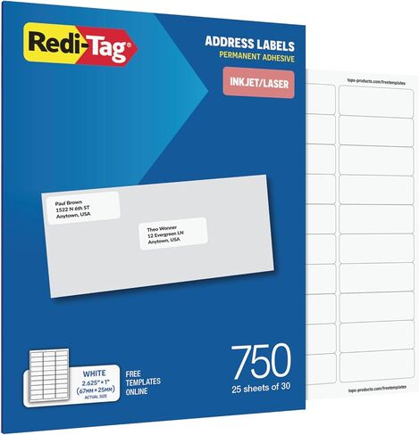 Redi-Tag Printable Address Labels, Customizable Stickers, 1" x 2-5/8", White, 750 Blank Mailing Labels for Inkjet and Laser Printers (1009573) in Kuwait