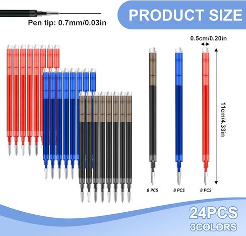 24 Pack 8 Blue 8 Black 8 Red Erasable Gel Ink Pen Refills 0.7 mm Compatible with FriXion Friction, Multicolor Medium Fine Point Refills for Erasable Pens Smooth Writing Fast Dry for School Office in Saudi Arabia