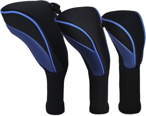 Golf Club Head Covers Set (3 Pieces) for Fairway Woods, Driver, and Hybrids - Long Neck Mesh Design with Interchangeable 3/4/5/6/7/X Number Tags - Golf Accessories for Men and Women (Black and Blue) in Saudi Arabia