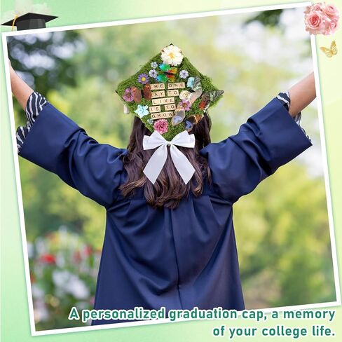 49 Pcs Spring Garden Theme DIY Graduation Cap Decor Faux Assorted Flowers White Bows 3D Butterfly Stickers Artificial Moss Crafts Alphabet Tiles for DIY Hat Grad Cap Topper Graduation Party Supplies in Kuwait