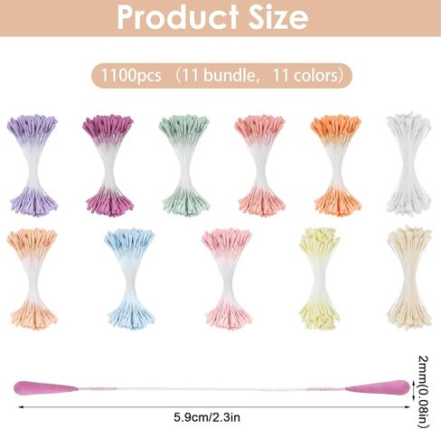 1100 Pcs Flower Stamens, 2mm Artificial Stamens, Double Heads Stamen for Flower Making, 11 Colors, Floral Stamen for Wedding Bouquet Party Decoration Scrapbook in Kuwait