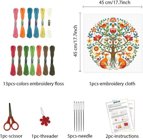 FREEBLOSS 11CT Cross Stitch Kits Tree of Animals Pattern Stamped Cross Stitch Wall Painting Craft Kit Full Range of Embroidery Starter Kits for Adult Beginners with Instruction 17.7 x 17.7 in Kuwait