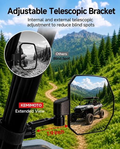 المرايا الجانبية KEMIMOTO UTV 2026 تمديد مطور 3 في 1 تعديلات رؤية كبيرة (7.87 بوصة × 6.3 بوصة) تناسب قضيب لف مقاس 1.65-2 بوصة متوافق مع Polaris RZR وCan-Am X3 وPioneer وJohn Deere وCFMOTO in Kuwait