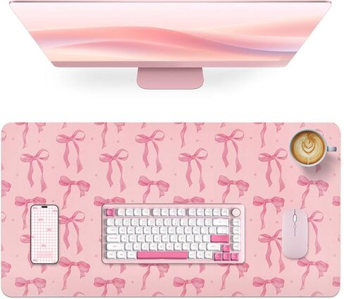 Pink Desk Mat, Large Mouse Pad Pink Bow Keyboard Mat Computer Pad, Cute Girly Pink Desk Accessories, PU Leather Desk Pad Protector, Waterproof Desk Blotter Writing Pad Non-Slip Base, 31.5 x 15.7 in Kuwait