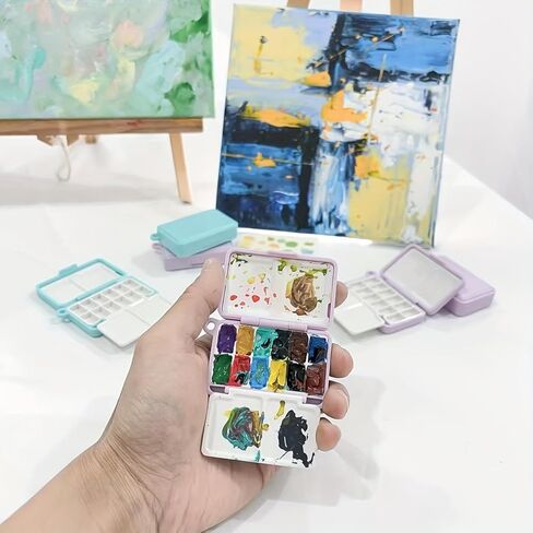 1 صندوق رسم محمول بالألوان المائية، 12 خلية مع صينية ألوان، أداة رسم صغيرة إبداعية سهلة الرسم (فيروزي) in Kuwait