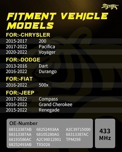 Oktiger 433MHz TPMS Sensor Pre-Programmed Fit for Jeep Grand Cherokee 2016-2022, Compass 2017-2022, Renegade, for Dodge Durango Dart, for Chrysler 200, Tire Pressure Monitoring Sensor, OE#68313387AB in Kuwait