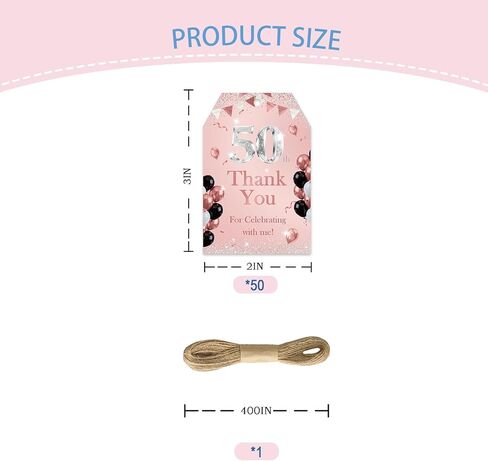 Rose Gold 50th Birthday Thank You Tags, Cheer to 50 Years Paper Gift Tag for Women, Happy 50th Birthday Thank You Gift Labels with String for 50th Anniversary Party Decoration in Kuwait