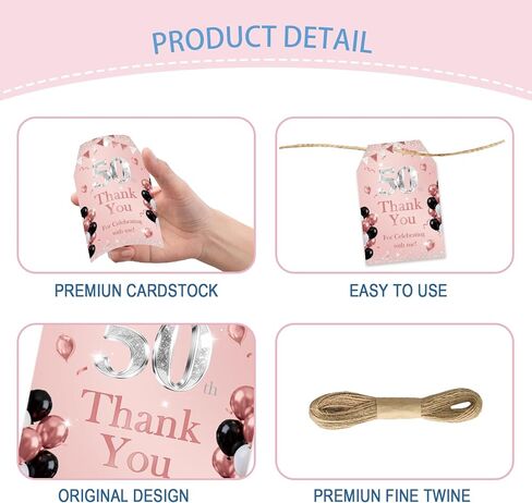 Rose Gold 50th Birthday Thank You Tags, Cheer to 50 Years Paper Gift Tag for Women, Happy 50th Birthday Thank You Gift Labels with String for 50th Anniversary Party Decoration in Kuwait