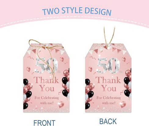 Rose Gold 50th Birthday Thank You Tags, Cheer to 50 Years Paper Gift Tag for Women, Happy 50th Birthday Thank You Gift Labels with String for 50th Anniversary Party Decoration in Kuwait