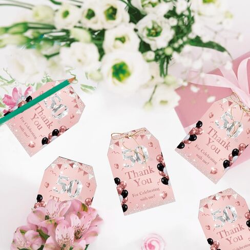 Rose Gold 50th Birthday Thank You Tags, Cheer to 50 Years Paper Gift Tag for Women, Happy 50th Birthday Thank You Gift Labels with String for 50th Anniversary Party Decoration in Kuwait