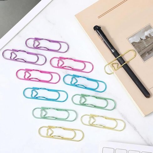 100 Pcs Heart-Shaped Paper Clip Pen Holder for Notebook, Bulk Set of Decorative Metal Pen Clip Organizers - 5 Colors (Gold, Green, Pink, Purple, Blue) for Office, Planner & Journal in Kuwait