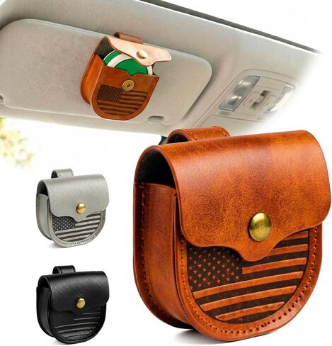 Handmade Leather Car Visor Clip Holder for ZYN, Magnetic Round Can Organizer & Travel Storage - Fits ZYN Tins - Truck Interior Accessory with USA Flag Design - Gift for Drivers (Brown) in Saudi Arabia