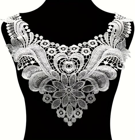 White Embroidered Lace Collar, Water-Soluble Polyester Applique with Floral Trim for Dresses & Shirts, Hand Wash Only (1PC) Craft Lace in Kuwait