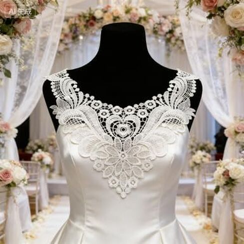 White Embroidered Lace Collar, Water-Soluble Polyester Applique with Floral Trim for Dresses & Shirts, Hand Wash Only (1PC) Craft Lace in Kuwait