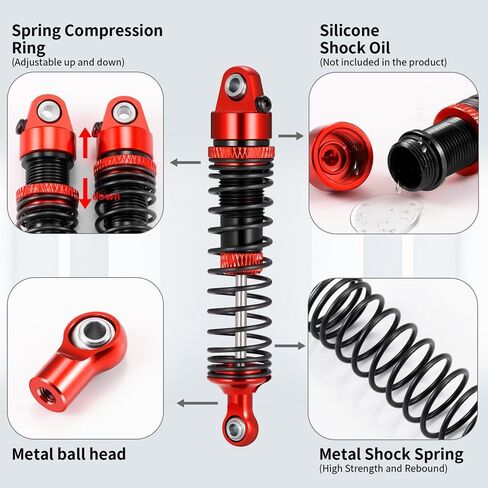 LSG 4Pcs Aluminum RC Shock Absorber Threaded Shocks for Tra-xxas 1/16 Arrma Gorgon Grom & Quake Grom RC Crawler Suspension Damper Upgrades Parts Replacement Accessories(Red) in Kuwait