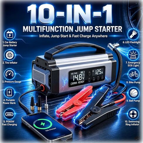 Portable 10-in-1 9000A Car Battery Jump Starter with 200PSI Air Compressor 65W Charger Premium Roadside Emergency Power Station Jump Box & Power Bank for Family Travel, SUV, Truck in Saudi Arabia