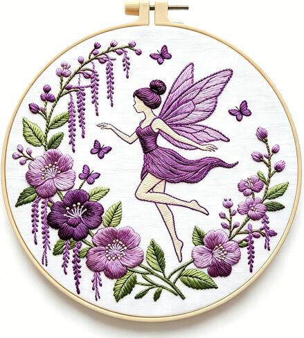 Zhenqing Violet Flower Fairy Embroidery Kit for Beginners, Includes 29x29cm Cotton Fabric, Hoop, Threads & Tools, Printed Pattern, DIY Craft Gift (JC0063 in Kuwait