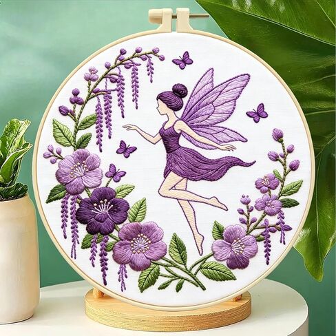 Zhenqing Violet Flower Fairy Embroidery Kit for Beginners, Includes 29x29cm Cotton Fabric, Hoop, Threads & Tools, Printed Pattern, DIY Craft Gift (JC0063 in Kuwait