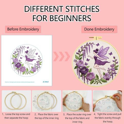 Zhenqing Violet Flower Fairy Embroidery Kit for Beginners, Includes 29x29cm Cotton Fabric, Hoop, Threads & Tools, Printed Pattern, DIY Craft Gift (JC0063 in Kuwait