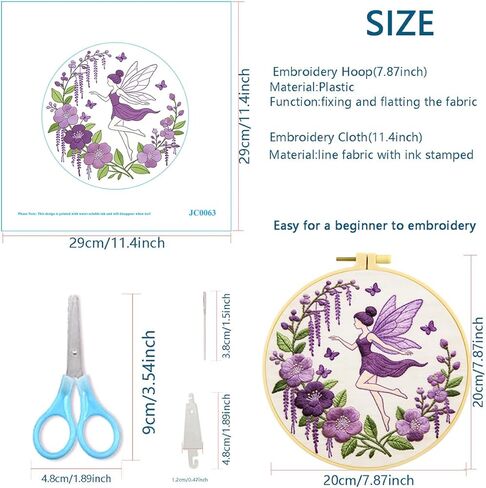 Zhenqing Violet Flower Fairy Embroidery Kit for Beginners, Includes 29x29cm Cotton Fabric, Hoop, Threads & Tools, Printed Pattern, DIY Craft Gift (JC0063 in Kuwait