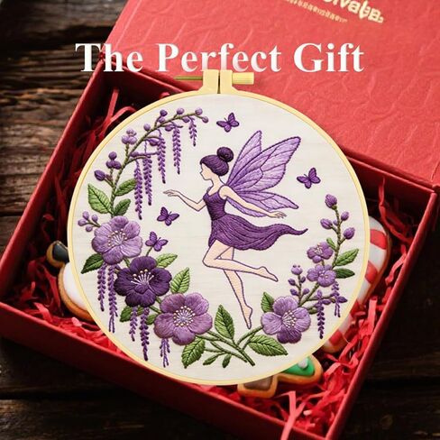 Zhenqing Violet Flower Fairy Embroidery Kit for Beginners, Includes 29x29cm Cotton Fabric, Hoop, Threads & Tools, Printed Pattern, DIY Craft Gift (JC0063 in Kuwait