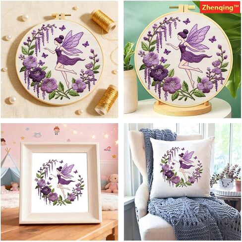 Zhenqing Violet Flower Fairy Embroidery Kit for Beginners, Includes 29x29cm Cotton Fabric, Hoop, Threads & Tools, Printed Pattern, DIY Craft Gift (JC0063 in Kuwait