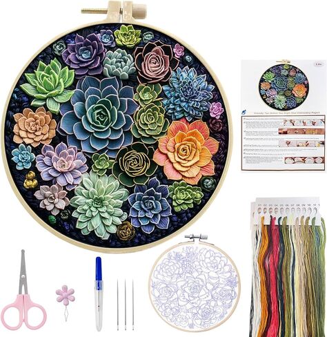 HINITOYOU Beginner Embroidery Kit for Adults, Succulents Embroidery Kit Stamped Embroidery Patterns Kits Included 6in Bamboo Hoops,Instructions,Color Threads for Craft Lover Hand Stitch in Saudi Arabia