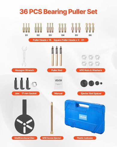 VEVOR 36-in-1 Bearing Puller Set, 36 PCS 3-Jaw Hook Puller for Internal External Bearings and Bearing Without Inner Shaft, Multifunctional Bearing Removal Tool with Heavy Duty Portable Storage Case in Kuwait
