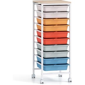 BECOMFORT 10-Drawers Rolling Utility Cart, Storage Cart on Wheels, Teacher Classroom Organizers with Wooden Tabletop & Lockable Wheels, Mobile Trolley Craft Cart for Art Paper Tools School Office in Saudi Arabia