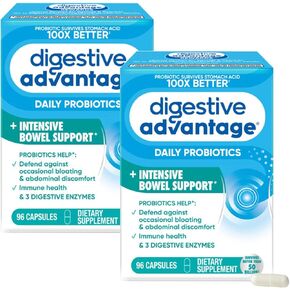 Intensive Bowel Support Probiotic Supplement - Digestive Advantage 32 Capsules, defends against gas, bloating, abdominal discomfort, Survives 100x Better in Saudi Arabia