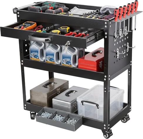 Rolling Tool Cart for Mechanics, 3-Tier Detailing Cart with Wheels, Side Hooks & Handle, Metal Heavy Duty Utility Cart for Warehouse, Garage, Repair Shop & Workshop, 330 lbs Capacity in Saudi Arabia