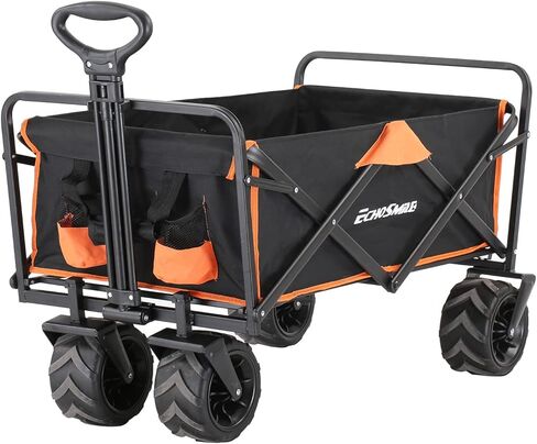 EchoSmile Heavy Duty 350 Lbs Capacity Collapsible Wagon, Outdoor Folding Camping Grocery Portable Utility Cart, Adjustable Rolling Carts, All Terrain Sports Wagon with Big Wheels (Black) in Saudi Arabia