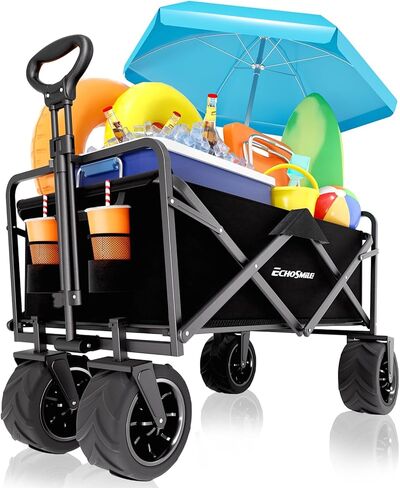 EchoSmile Heavy Duty 350 Lbs Capacity Collapsible Wagon, Outdoor Folding Camping Grocery Portable Utility Cart, Adjustable Rolling Carts, All Terrain Sports Wagon with Big Wheels (Black) in Saudi Arabia