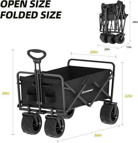 EchoSmile Heavy Duty 350 Lbs Capacity Collapsible Wagon, Outdoor Folding Camping Grocery Portable Utility Cart, Adjustable Rolling Carts, All Terrain Sports Wagon with Big Wheels (Black) in Saudi Arabia