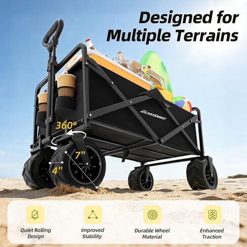 EchoSmile Heavy Duty 350 Lbs Capacity Collapsible Wagon, Outdoor Folding Camping Grocery Portable Utility Cart, Adjustable Rolling Carts, All Terrain Sports Wagon with Big Wheels (Black) in Saudi Arabia